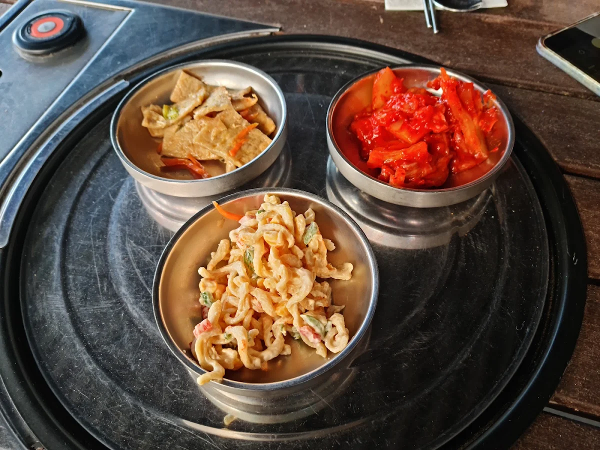 Side Fish Cakes Kimchi and Pasta Salad, Geonbae Korean BBQ & Buffet- Hastings