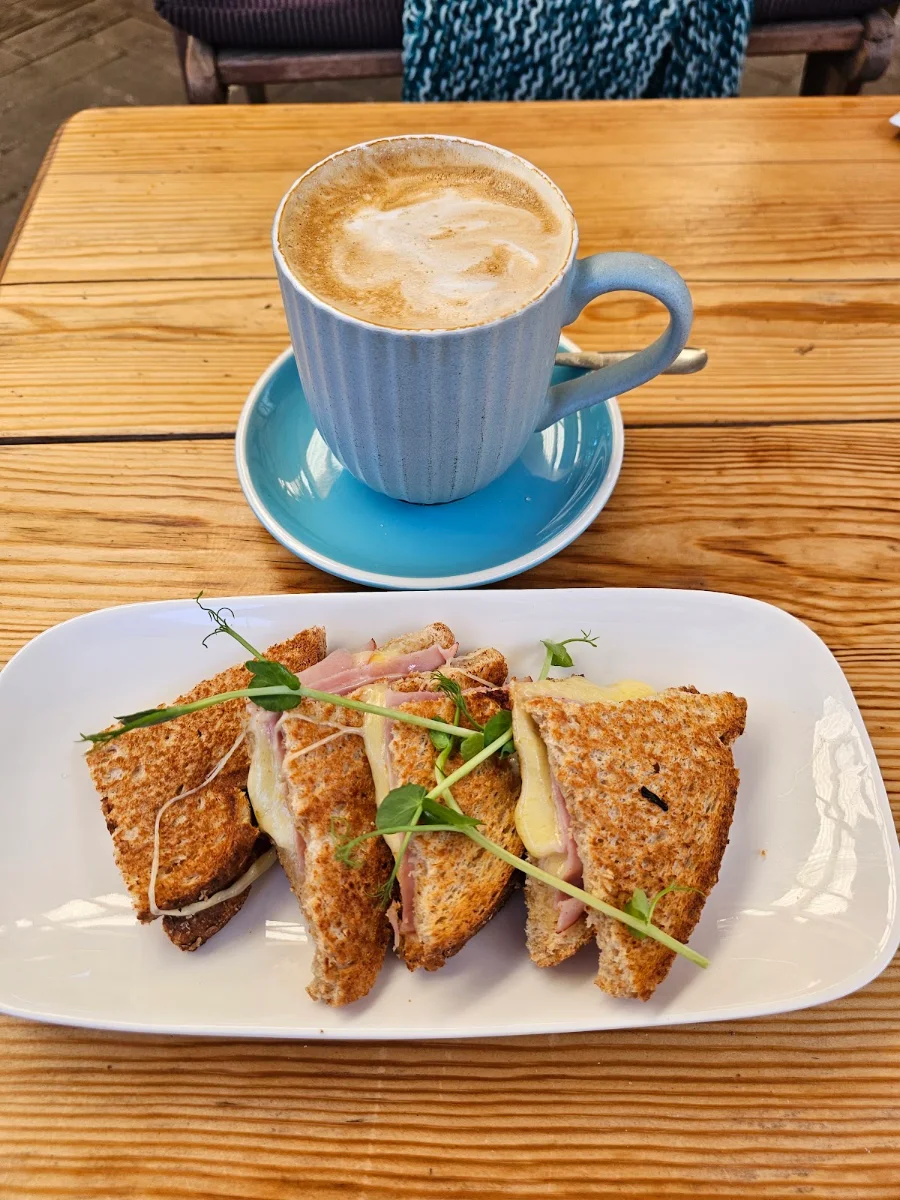 Toasted Ham and Cheese Sandwich with Flat White Coffee, Chatterbox Cafe Williams