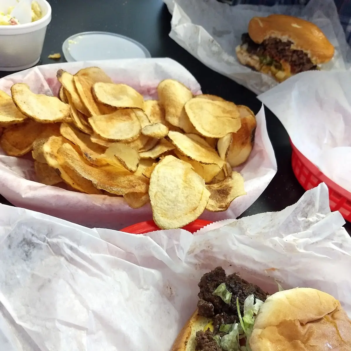 Double Cheeseburger Single Cheeseburger and Home Made Chips