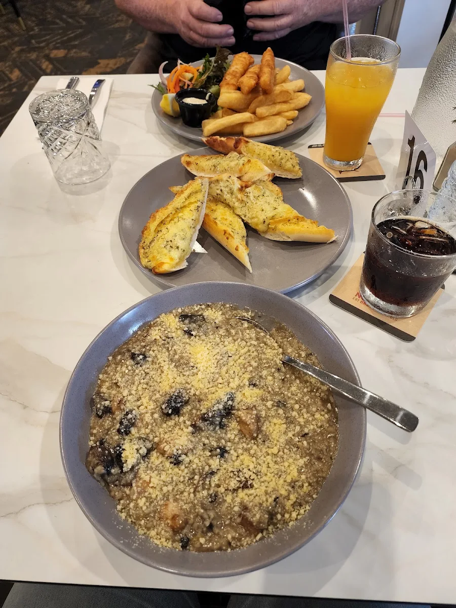 Flathead Battered Chips and Salad Mushroom and Chicken Risotto