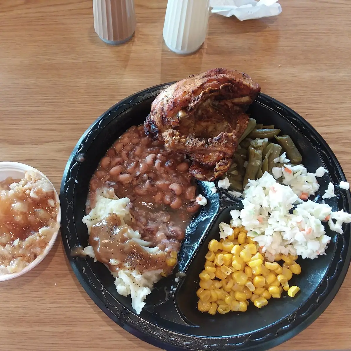 Fried Chicken Green Beans Mashed Potatoes and Gravy Pinto Beans Cole Slaw Corn Dessert