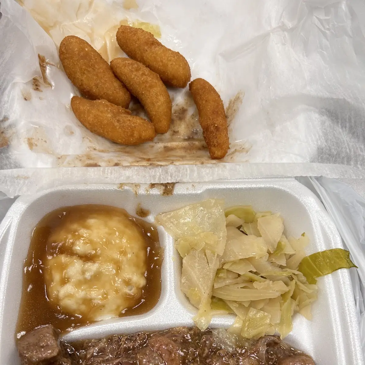 Beef Tips and Rice Creamed Potatoes and Cabbage