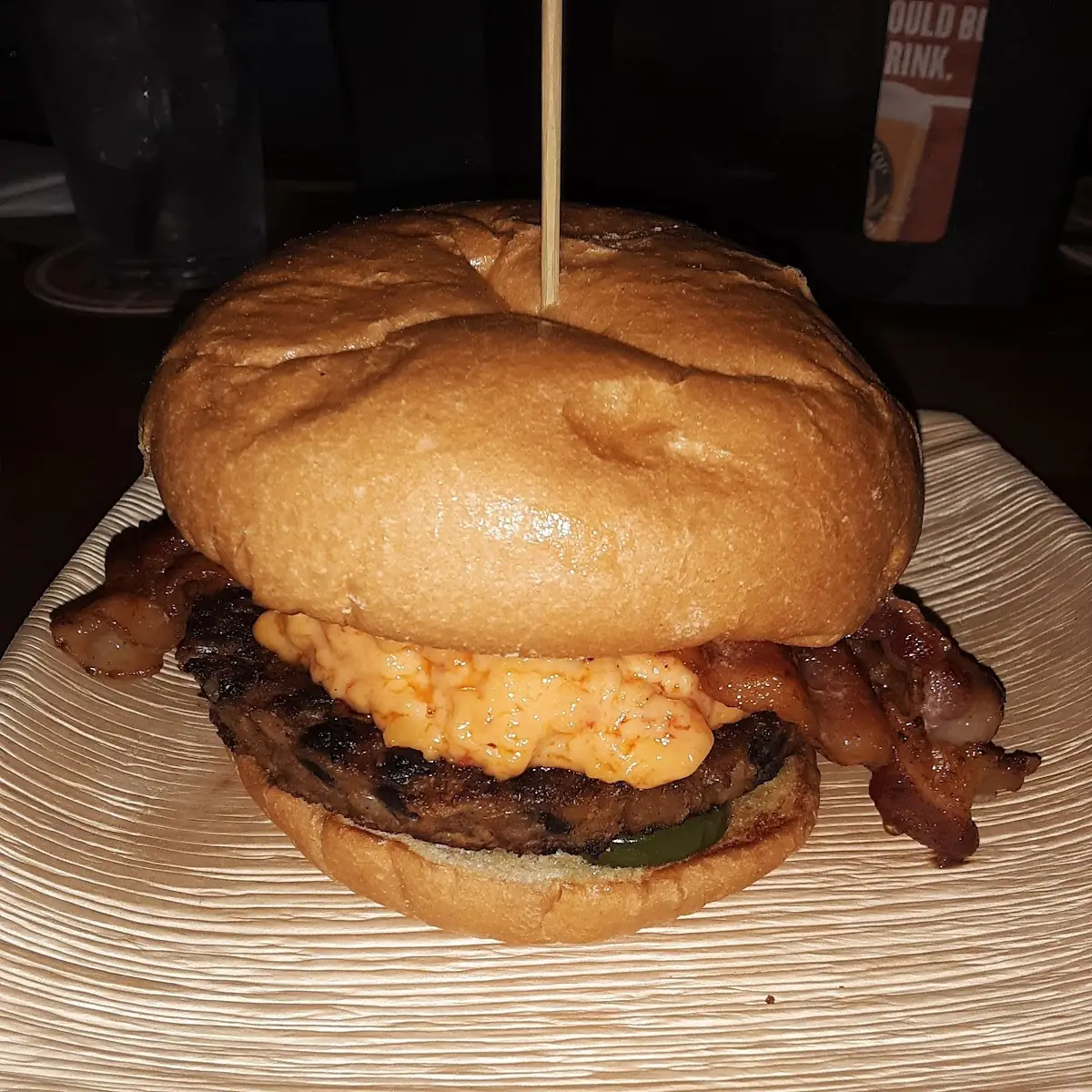 Black Bean Burger with Pimento Cheese Bacon and Jalapenos