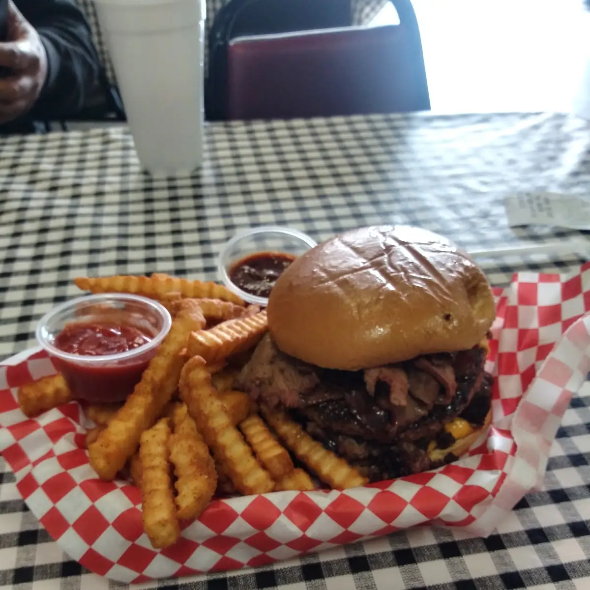 Double Bacon Cheeseburger Pulled Pork and Brisket Burger