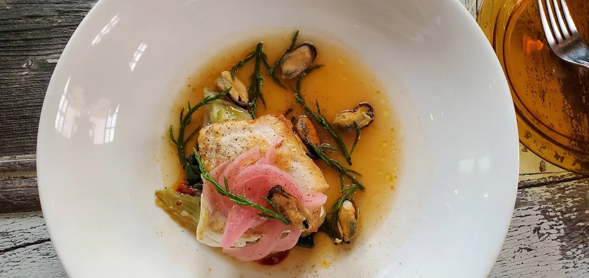 Seared Halibut Lobster Jus Mussels Pickled Onion