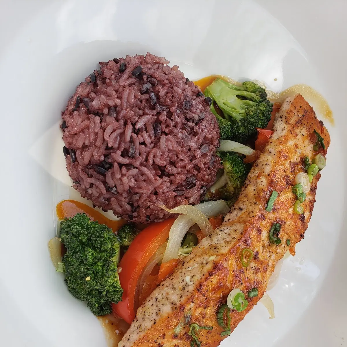 Salmon Fillet Grilled Veggies and Organic Black Sticky Rice, Erie St GastroPub