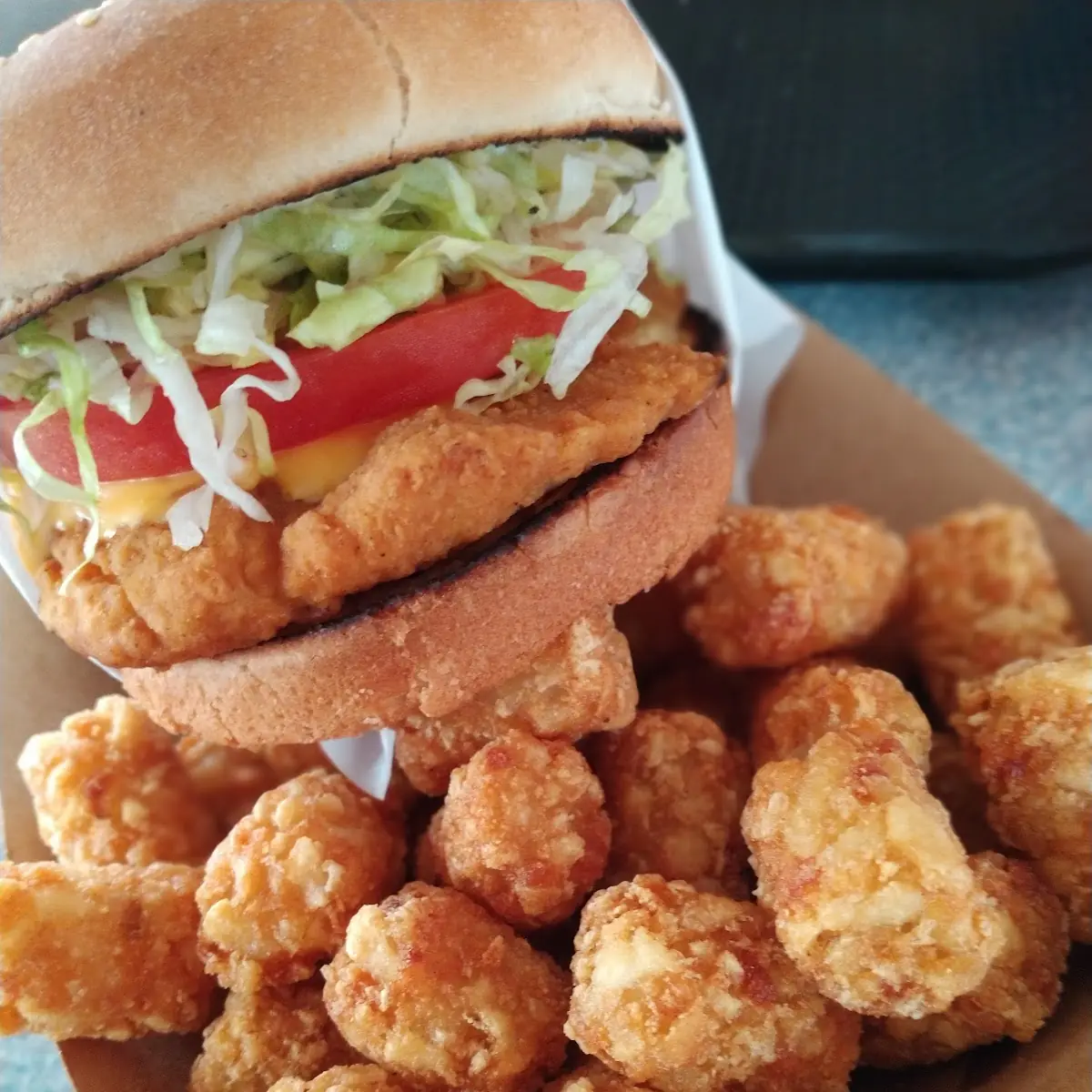 Crispy Chicken Sandwich and Tater Tots