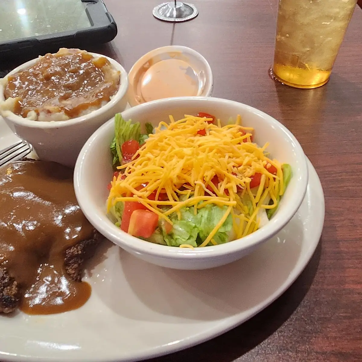 Hamburger Steak Mashed Potatoes and Gravy and Side Salad