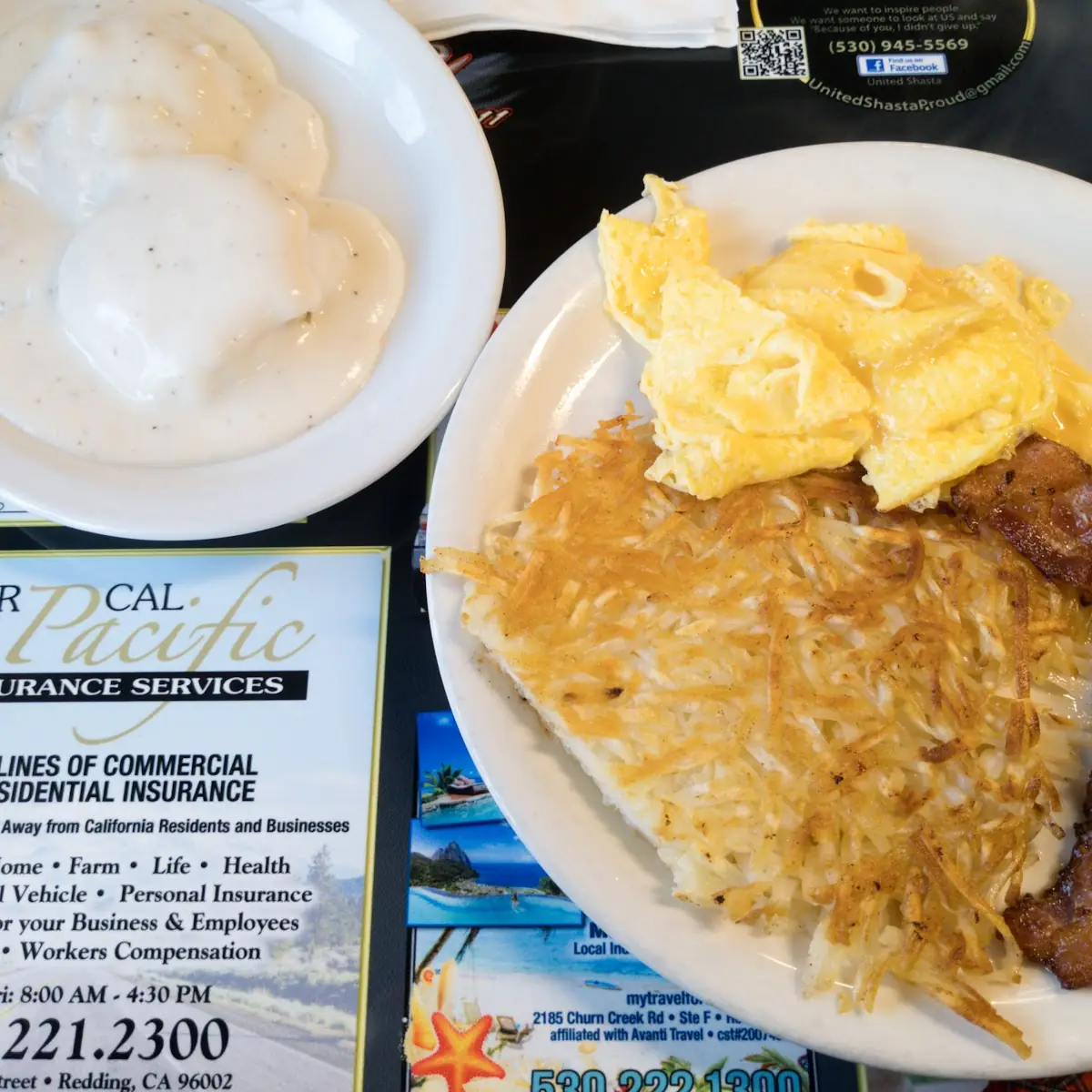 Biscuits N Gravy with Hash Browns and Bacon Add Scrambled Eggs