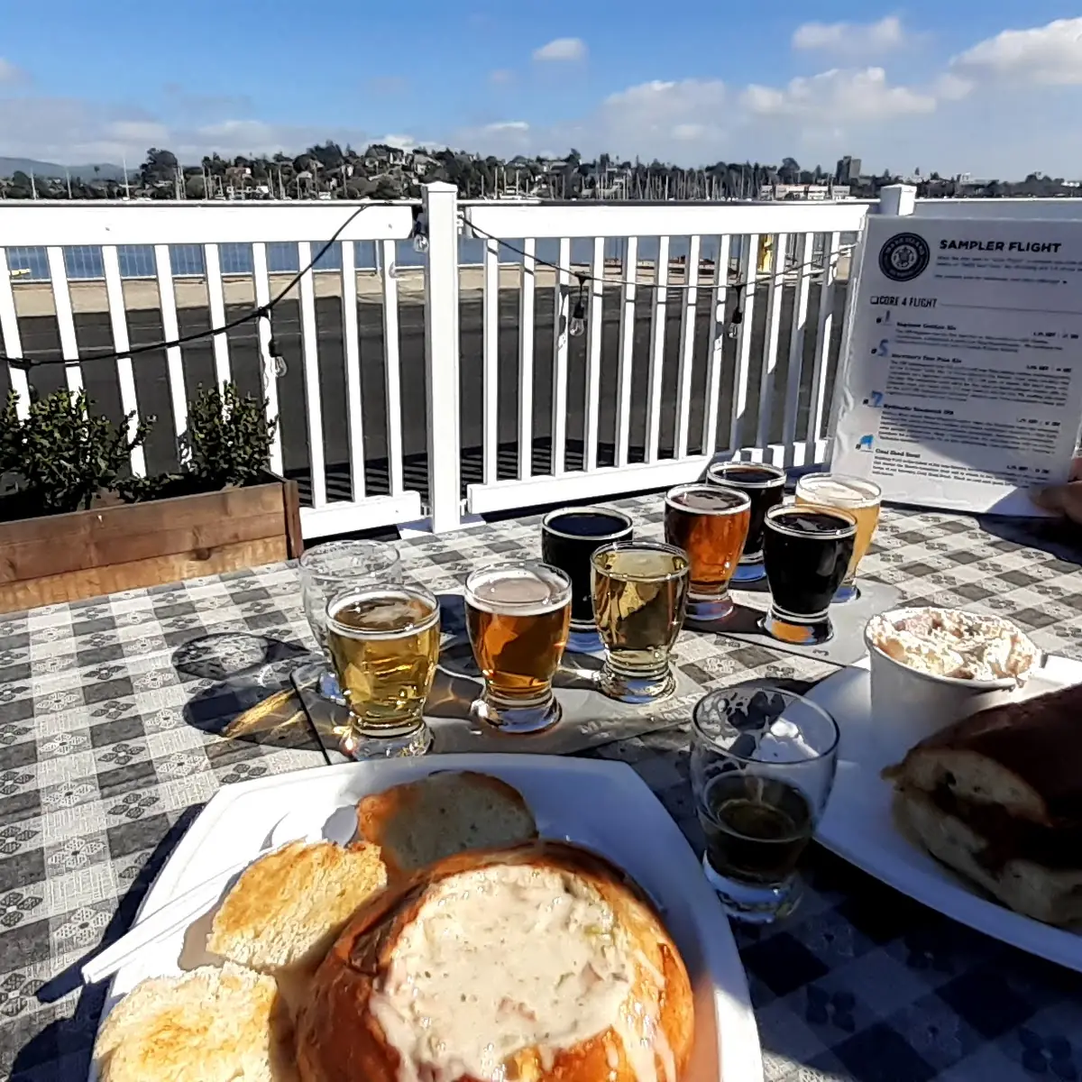 Philly Cheesesteak Special Clam Chowder in Bread Bowl Sampler Flight w All 10 Beer Options