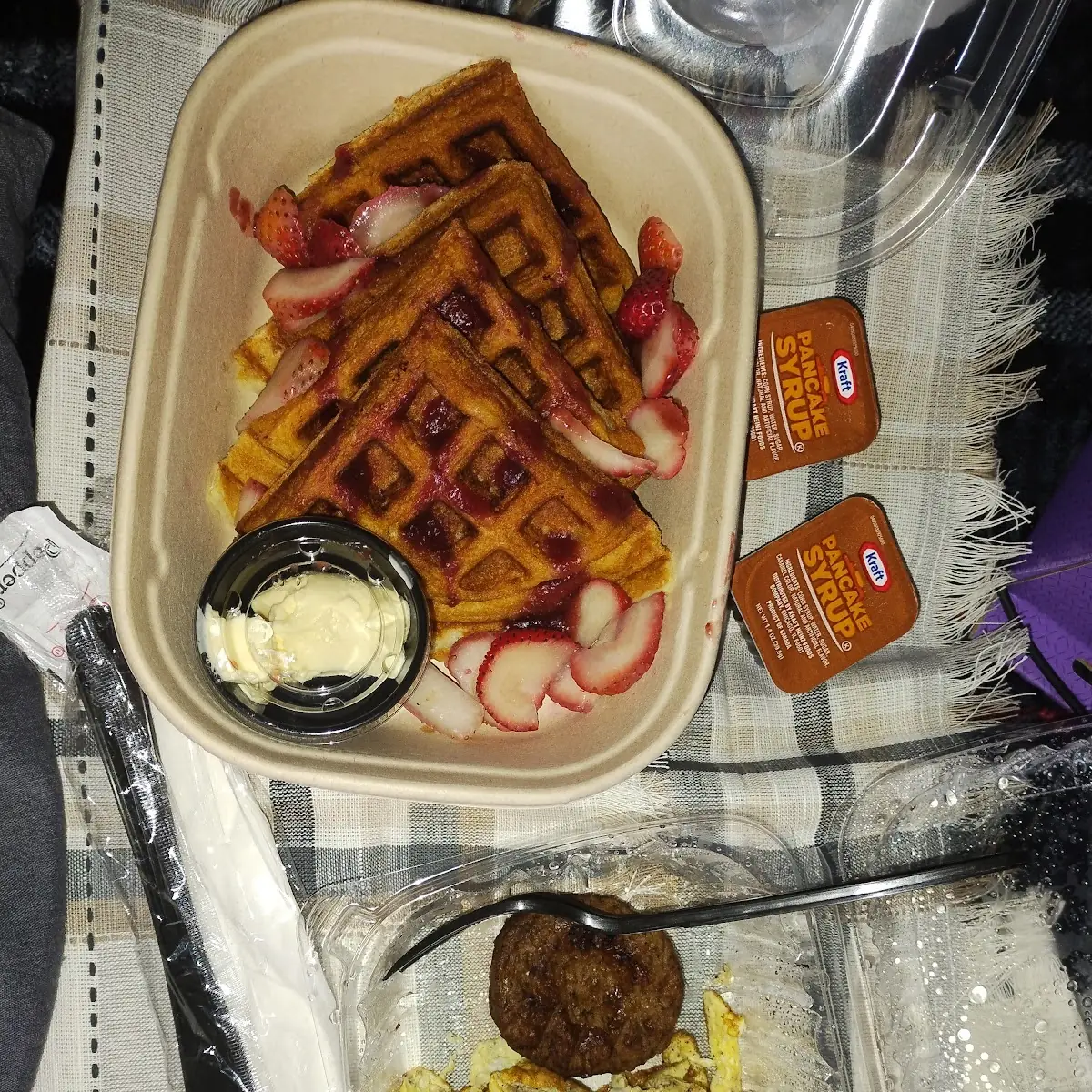 Strawberry Waffle Turkey Sausage and Scrambled Egg