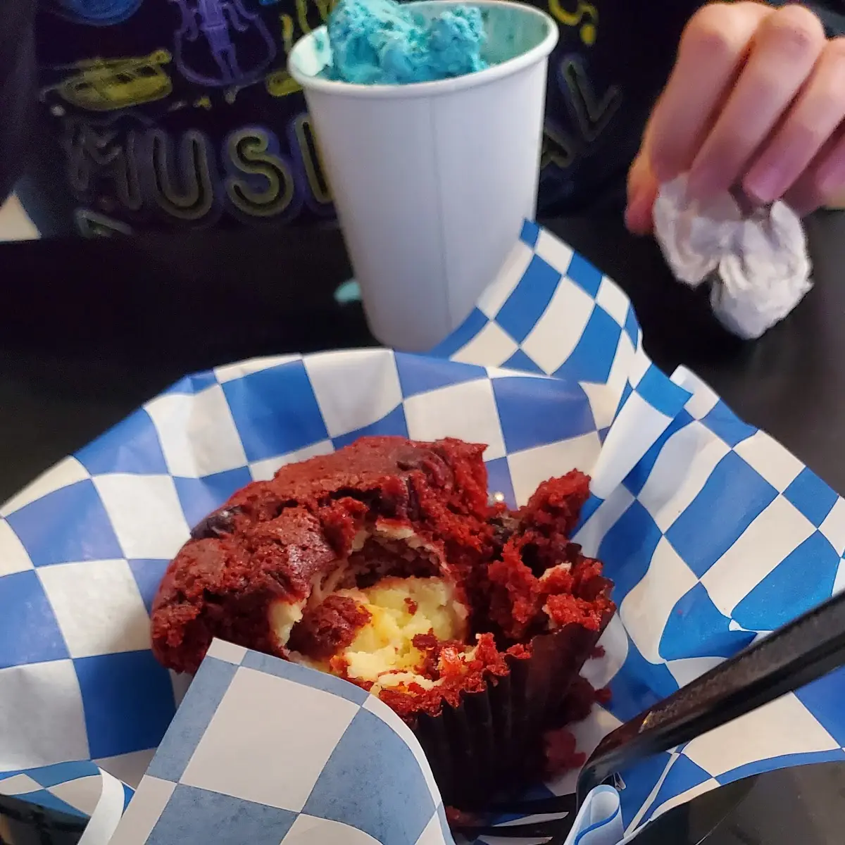 Red Velvet Cake Warmed Up with Buttered Corn Bread Ice Cream