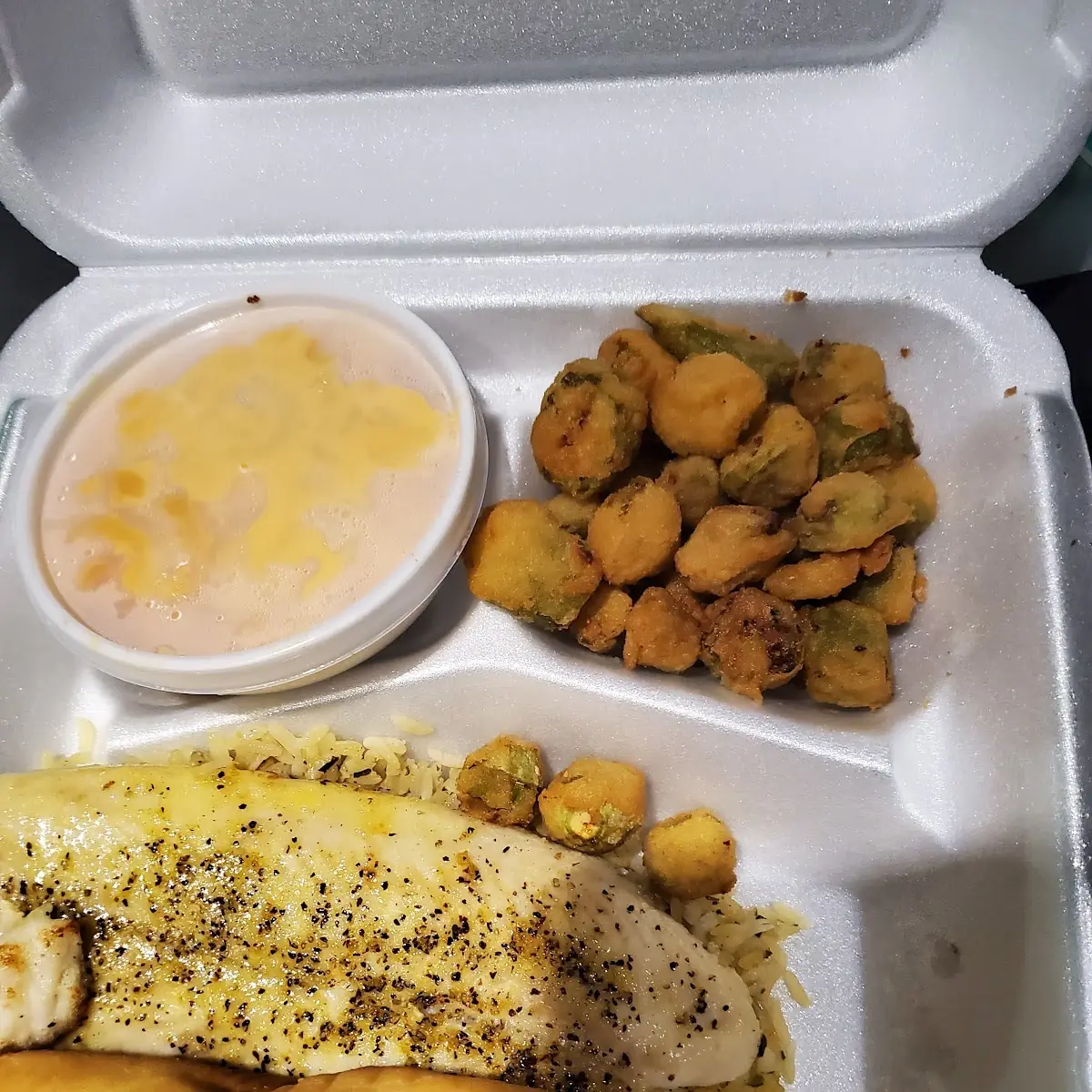 Lemon Pepper Fish with Mac and Cheese and Okra