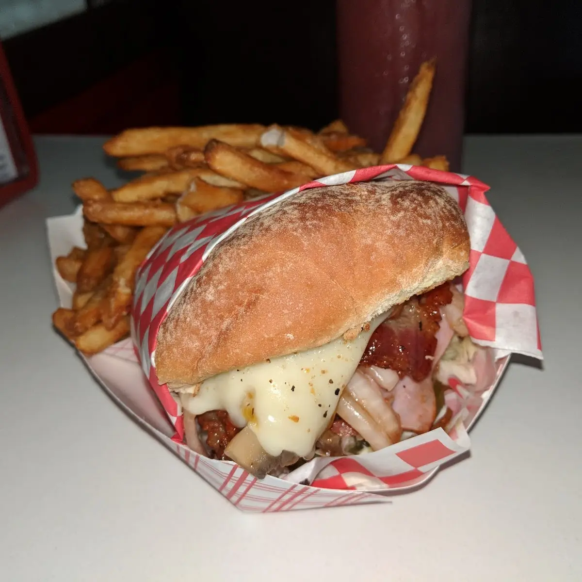 Caribou Bacon Cheeseburger and Fries