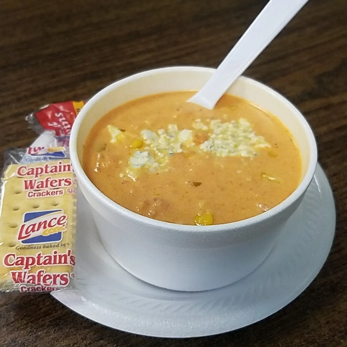 Tomato Corn Bisque w Blue Cheese Crumbles