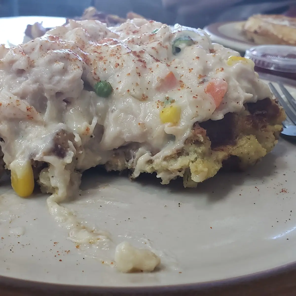 Chicken Pot Pie on Stuffing Waffle