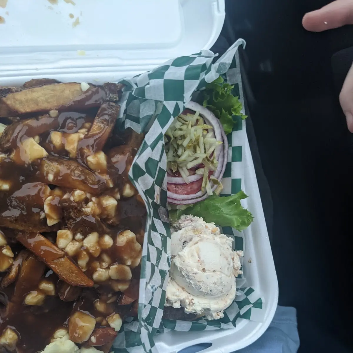 Nacho Cheese Dip Burger and Poutine