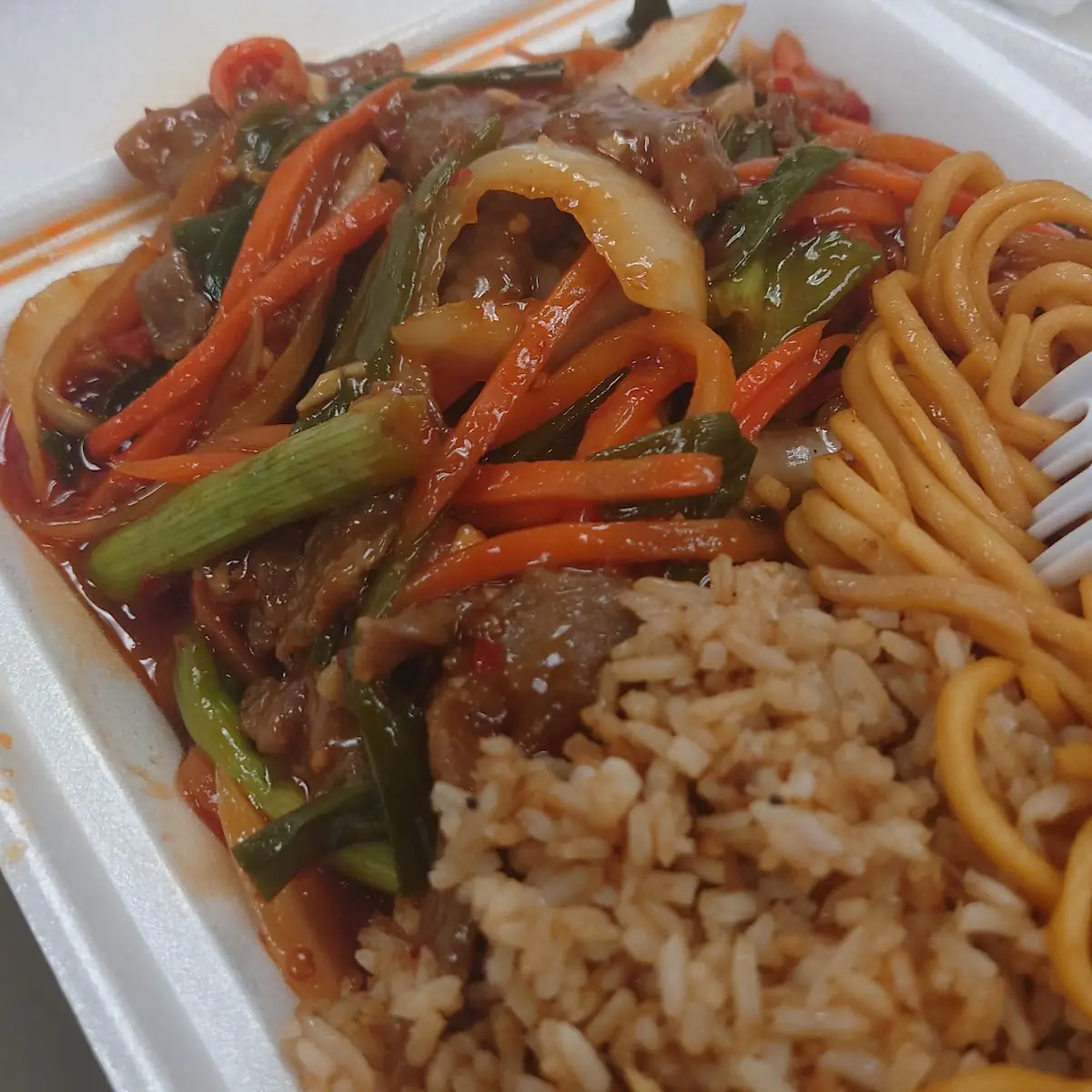 Mongolian Beef with Fried Rice and Chow Mein