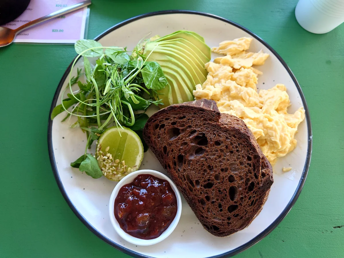 Scrambled Eggs Side Dish of Avocado, Mickle Pickle Espresso