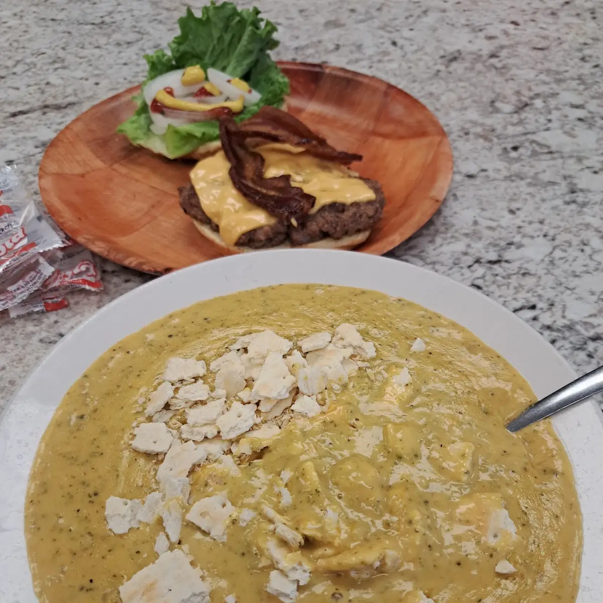 Broccoli Cheese Soup and Bacon Cheeseburger