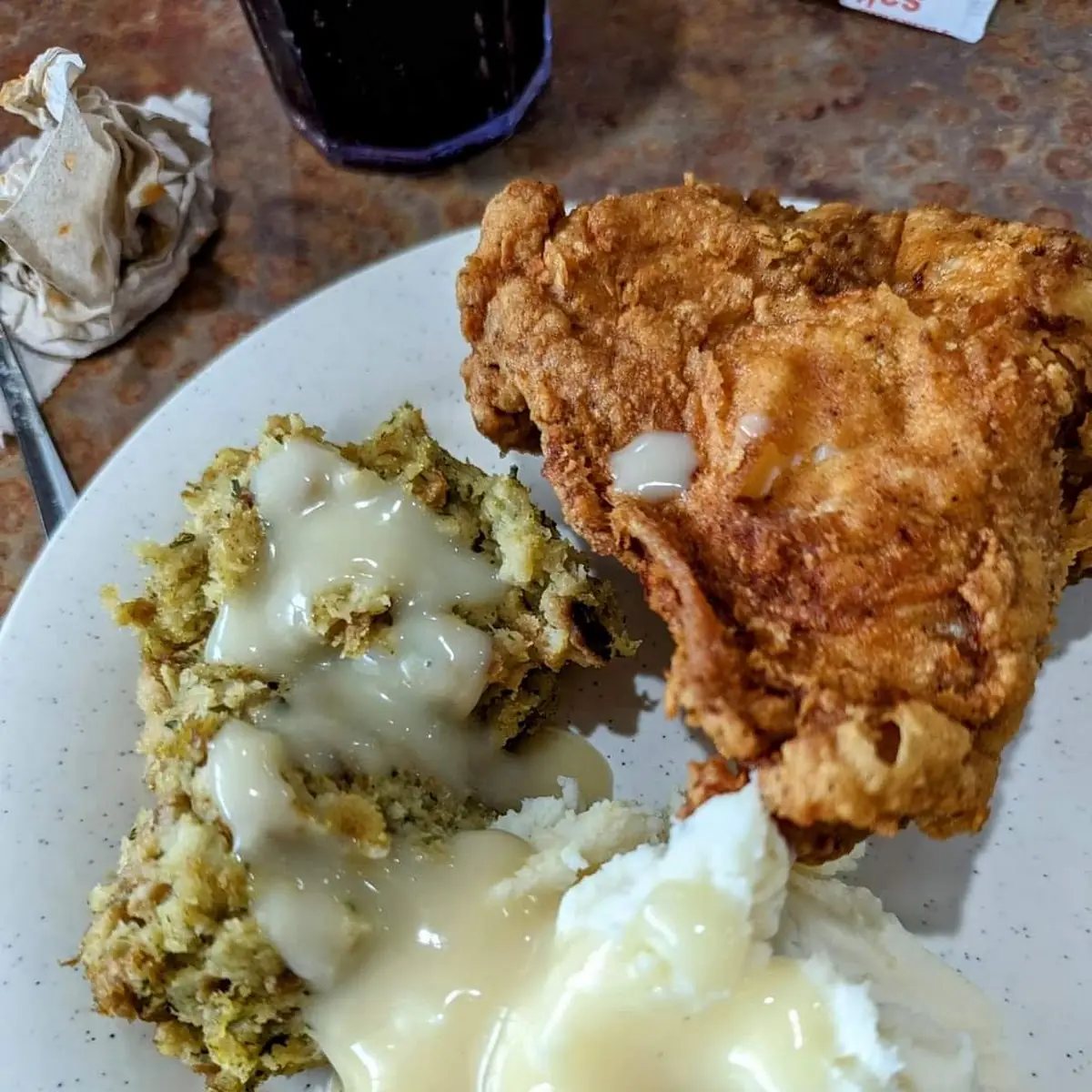 Fried Chicken Dressing Mashed Potatoes and Gravy