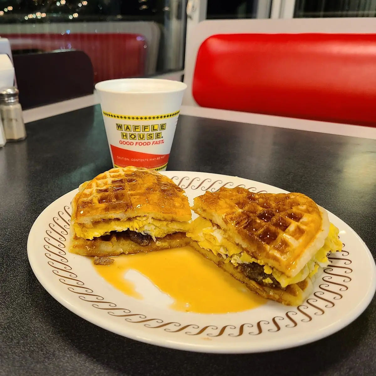 Waffle with Sausage Egg & Syrup