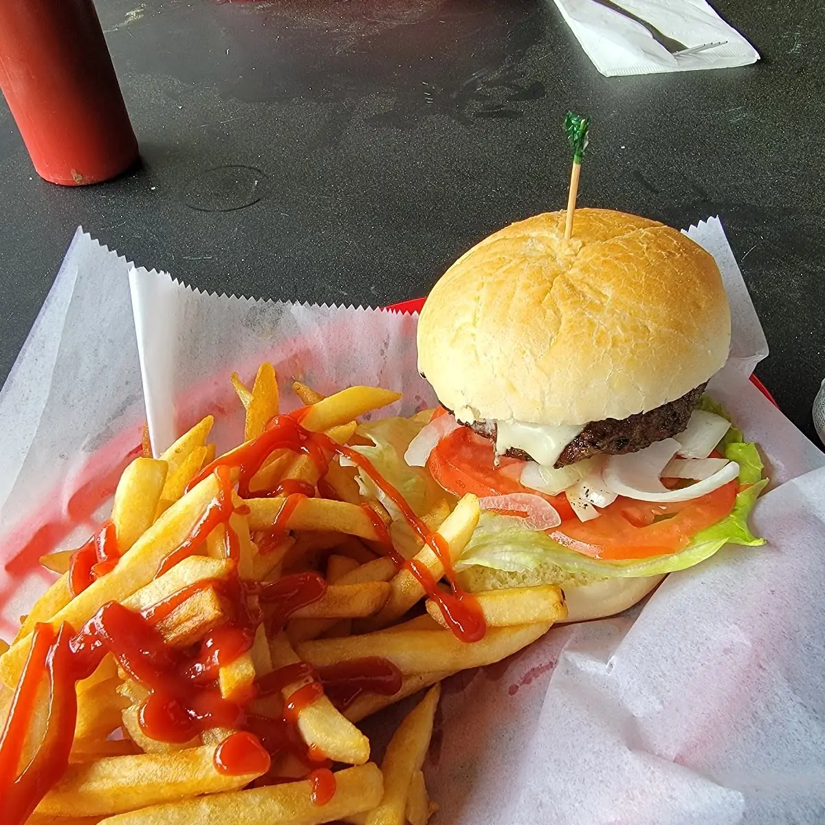 Fresh Cheese Burger and Fries