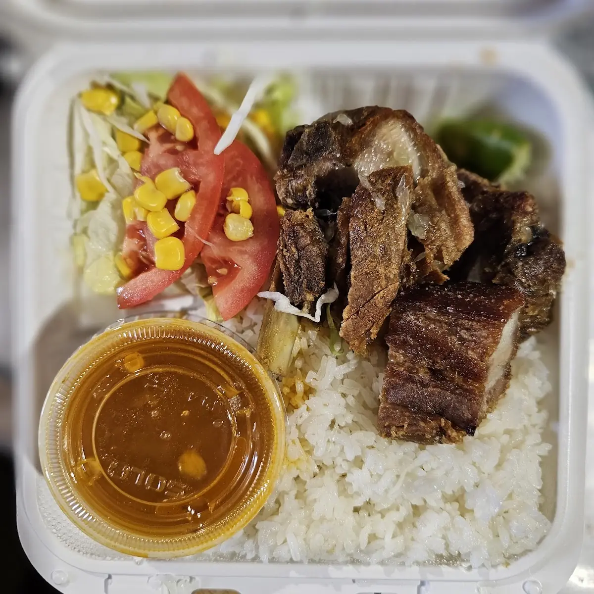 Stewed Beef with White Rice and Red Beans and Salad