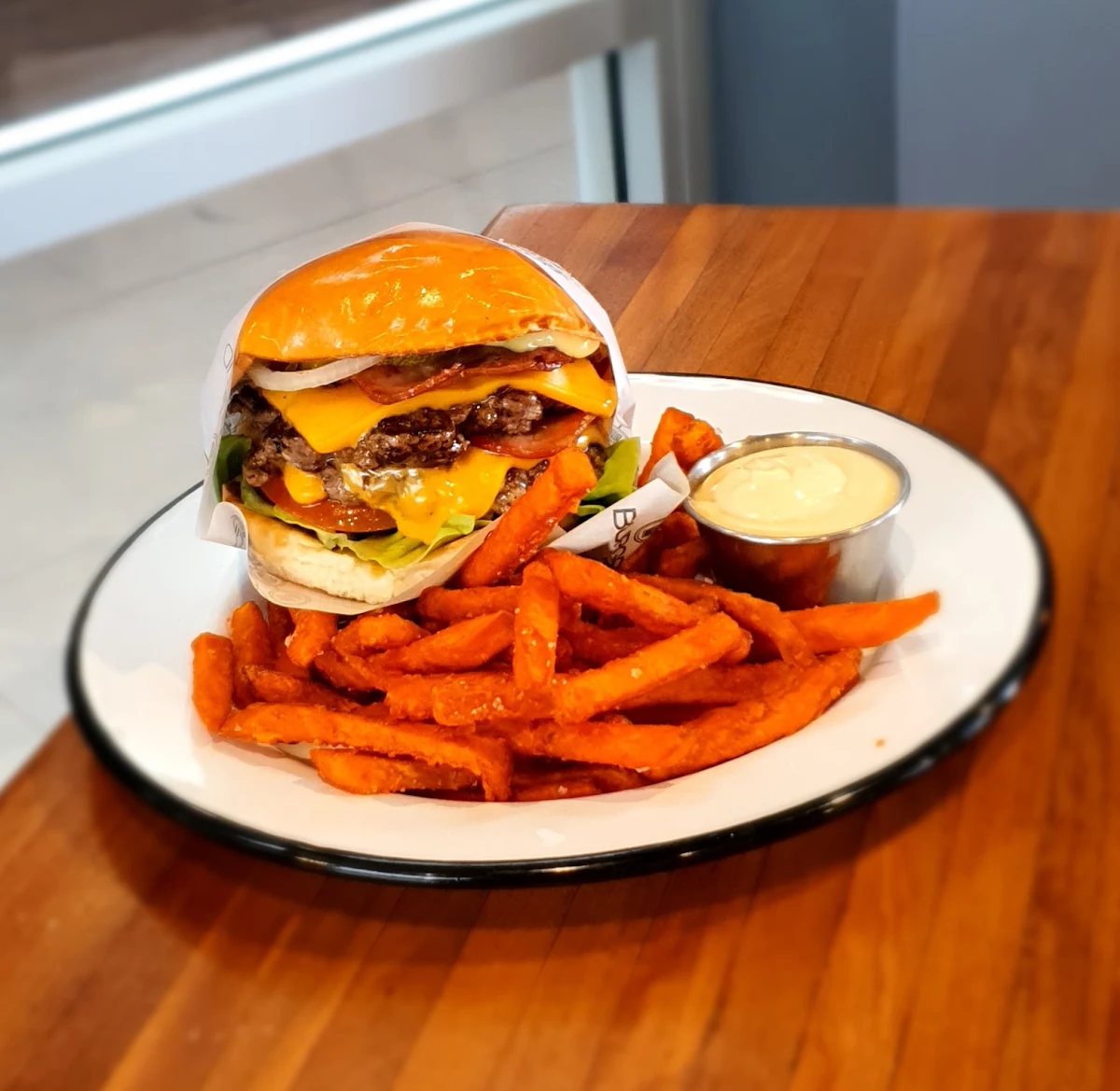 Cheeky Fiend Burger and Sweet Potato Fries with Chipotle Sauce