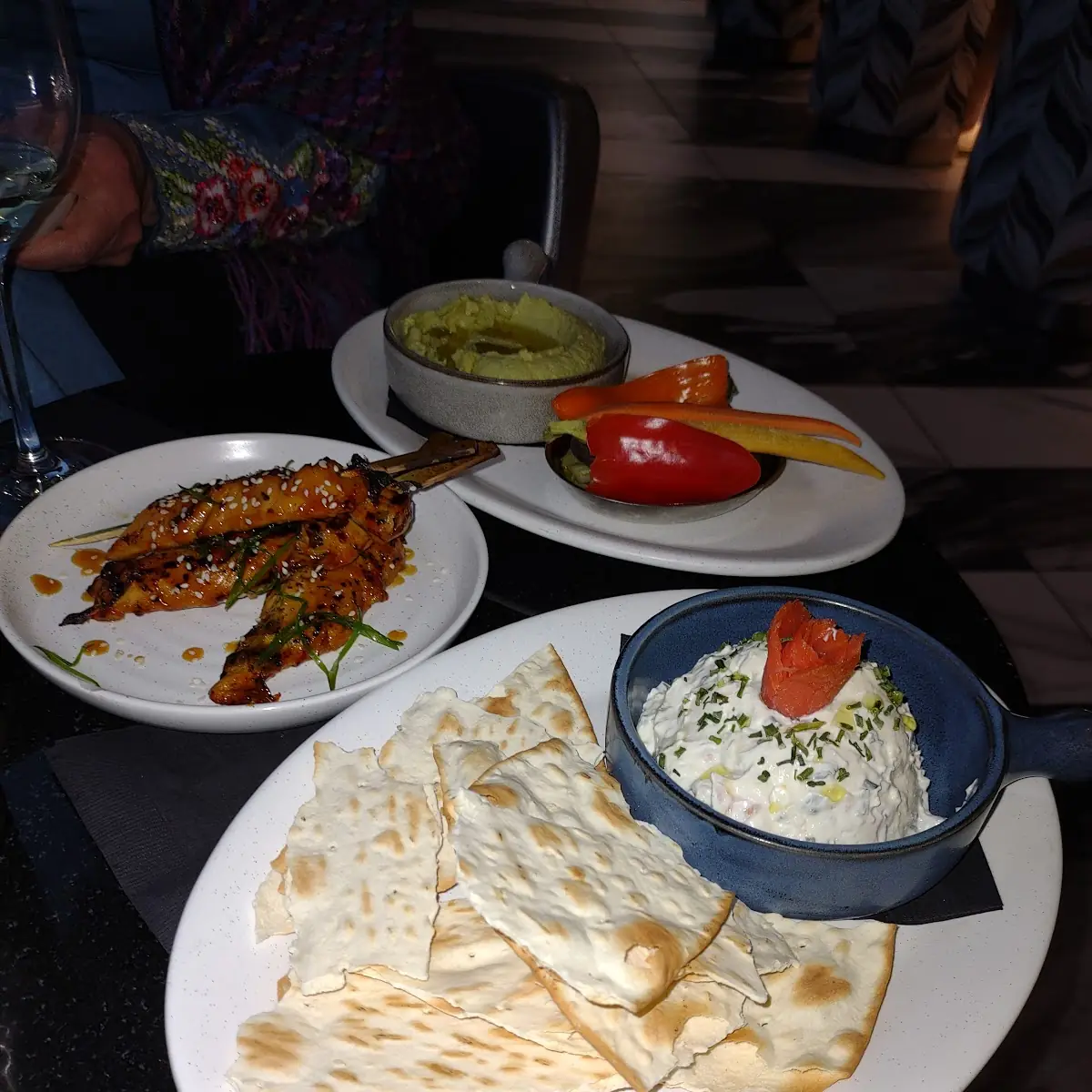 Grilled Chicken on a Stick Salmon Chip Dip & Hummus with Veggies Appetizers