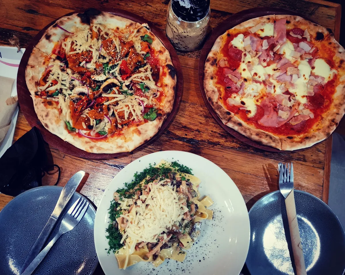 Nimbin Vegan Pizza Meat Lovers Pizza and Boscaiola Pasta, Armonica Cafe And Wood Fired Pizza