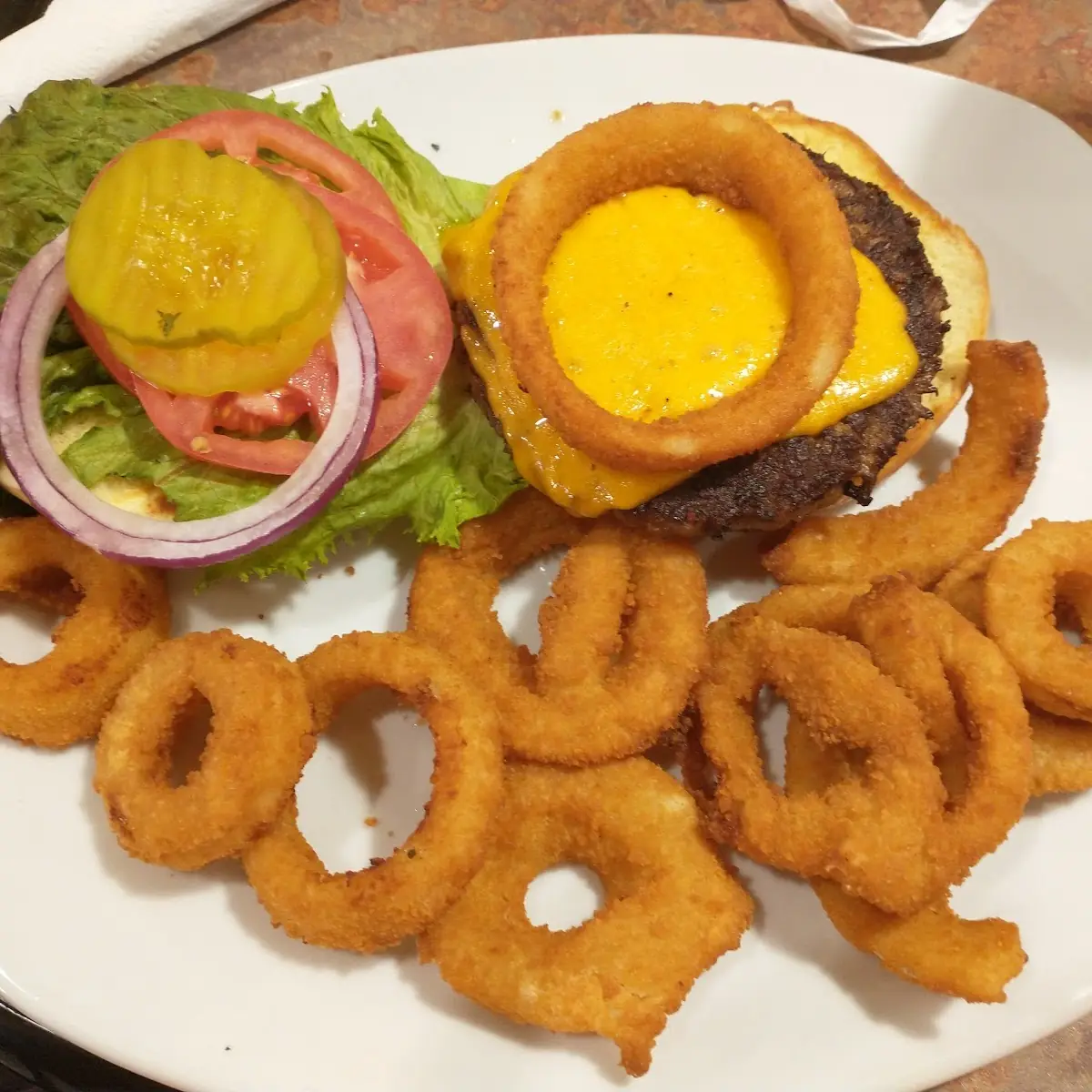 BBQ Cheeseburger and Onion Rings