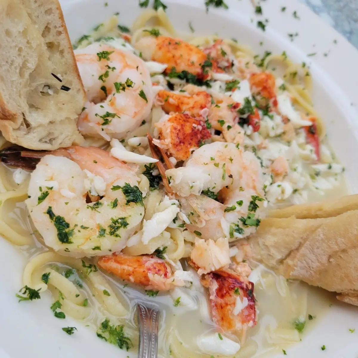 Seafood Pasta with Bread and Lemon