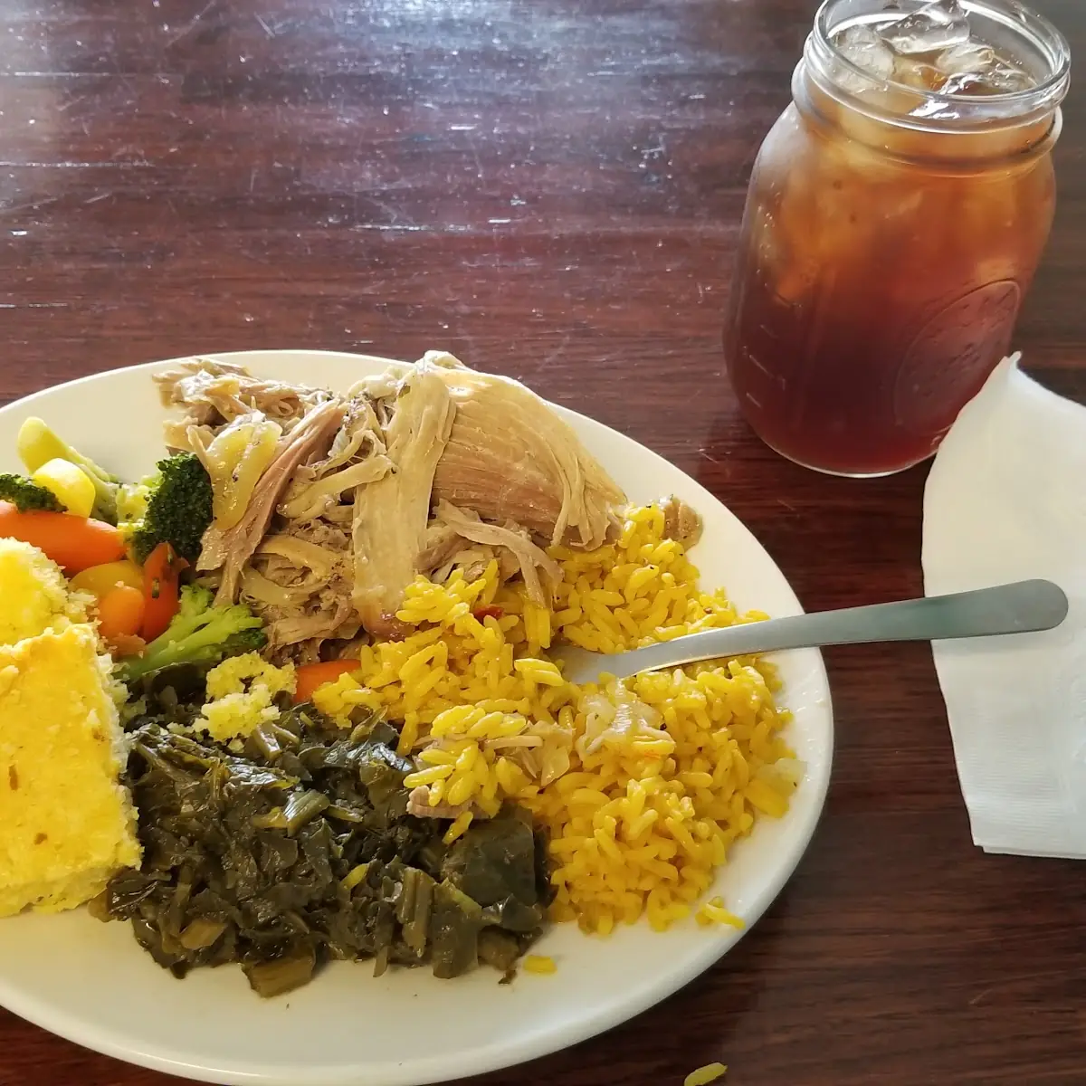 Mojo Pork Greens Steamed Veggies Rice Corn Bread Tea