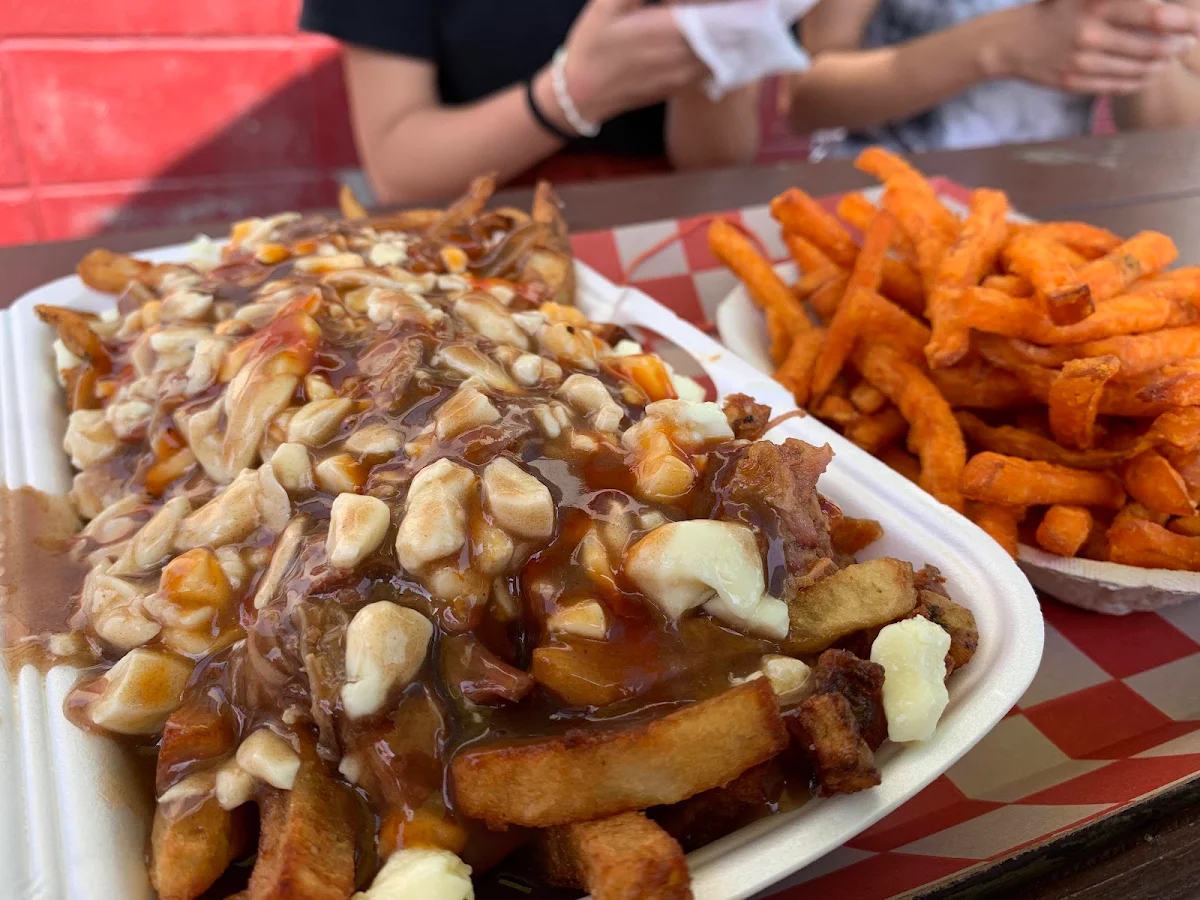 Pulled Pork Poutine and Sweet Potato Fries, Marks County Chips