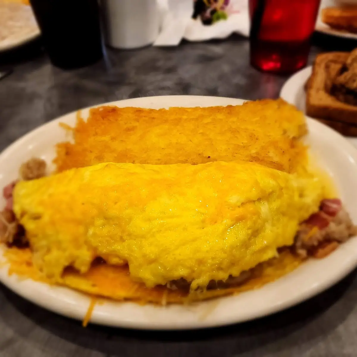 Ham & Cheese Omelette with Crispy Hash Browns