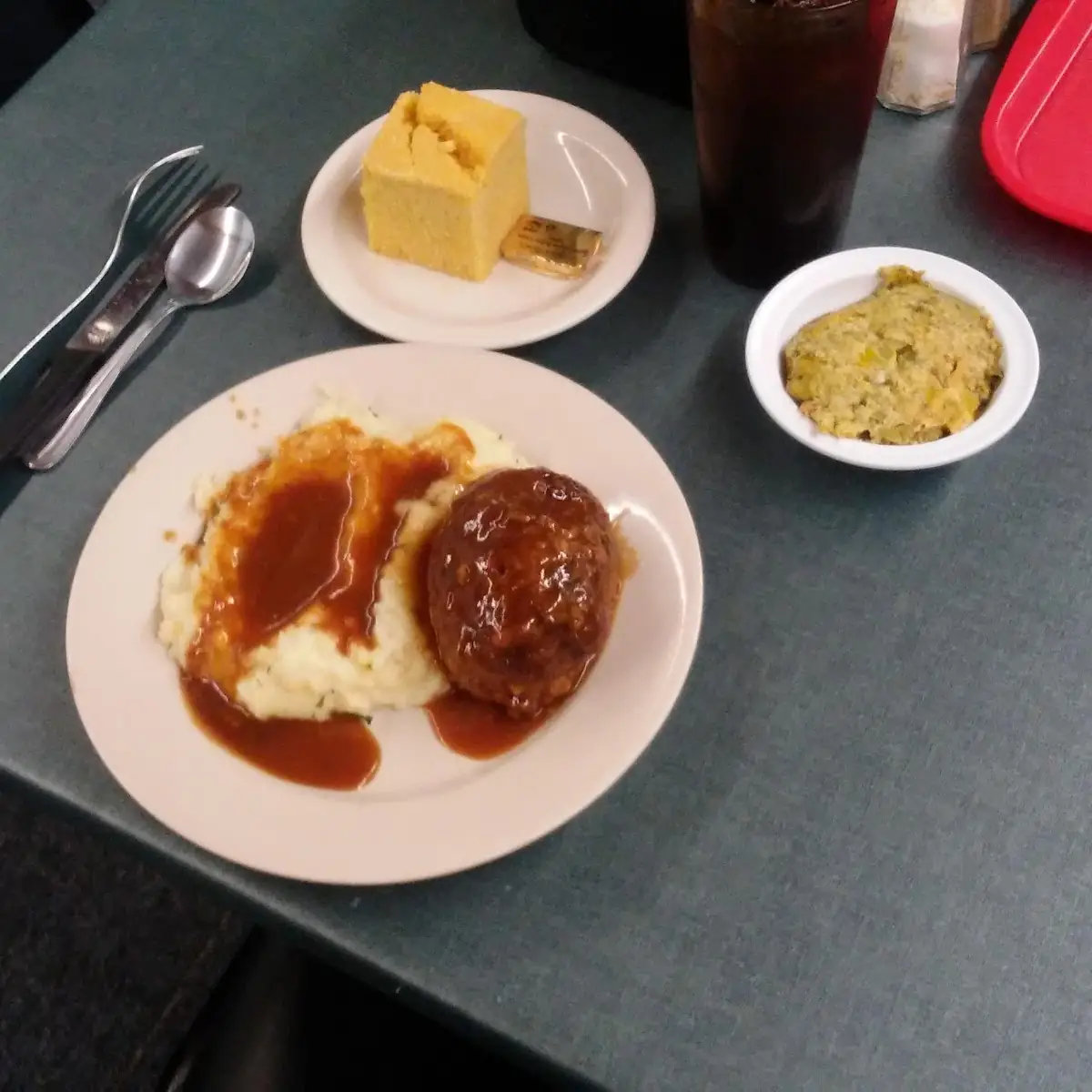 Meatloaf Mashed Potatoes and Gravy Broccoli Casserole Cornbread and Sweet Tea