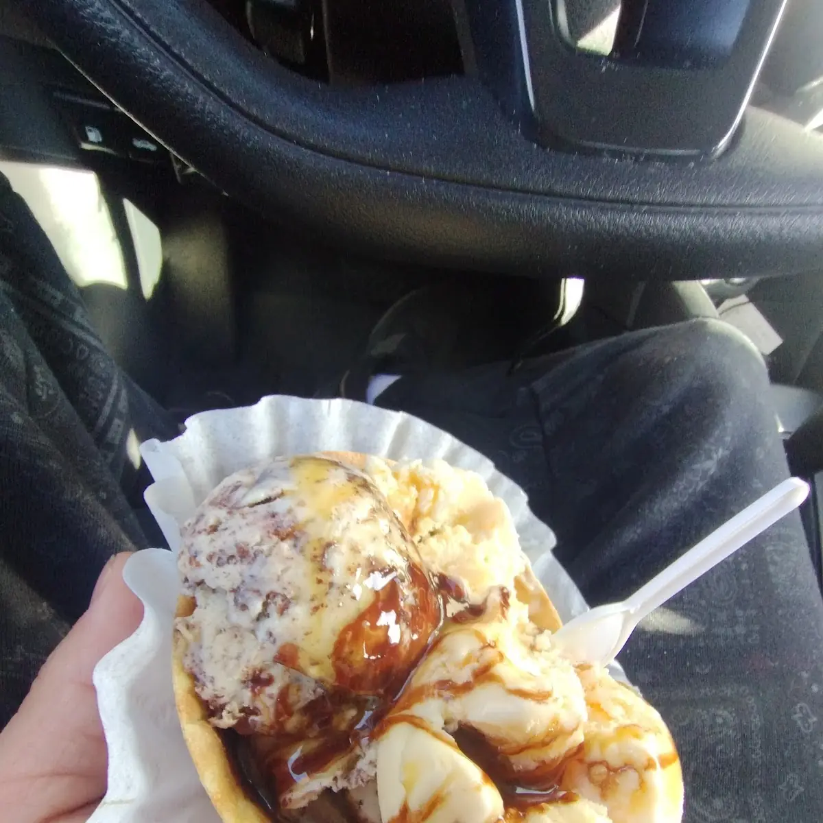 Chocolate Chip and Vanilla Ice Cream with Chocolate and Caramel Drizzle