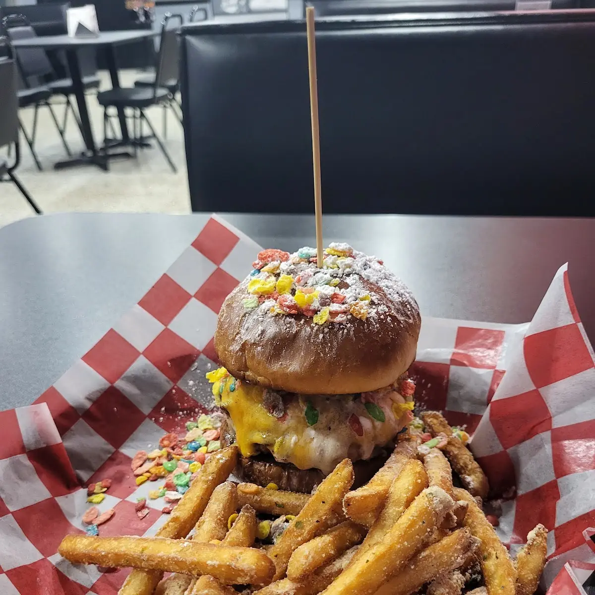 Rainbow Mushroom Burger with Fries