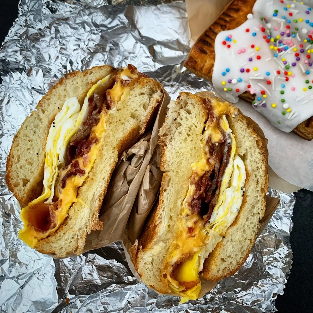 Egg and Cheese on Poppy Seed Roll with Bacon