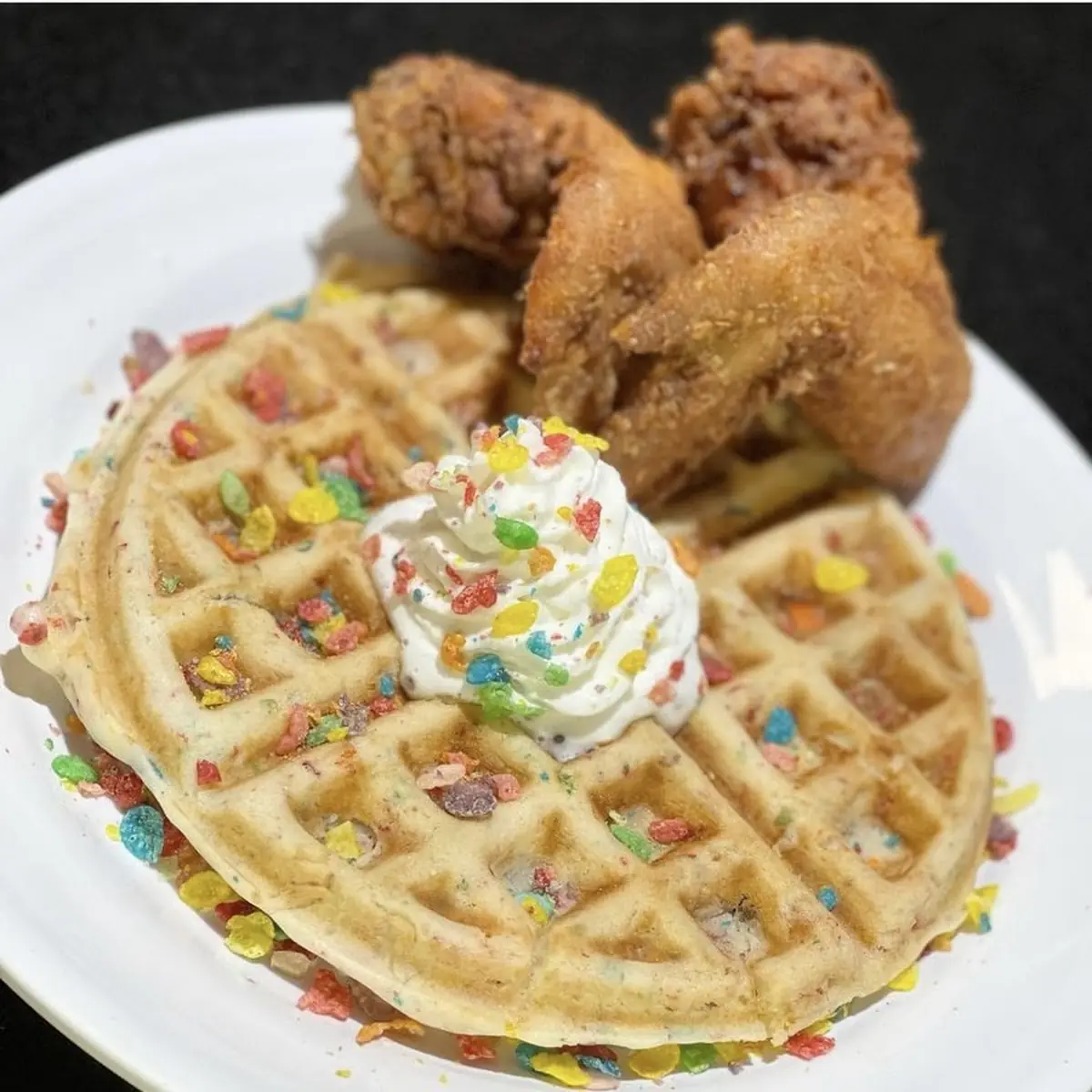Fruity Pebbles Chicken & Waffles