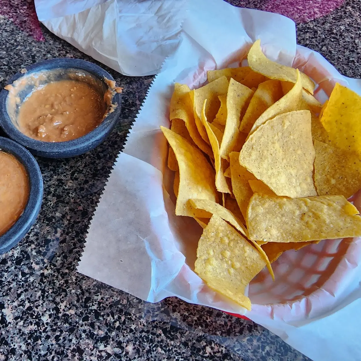 Chips Salsa and Refried Beans