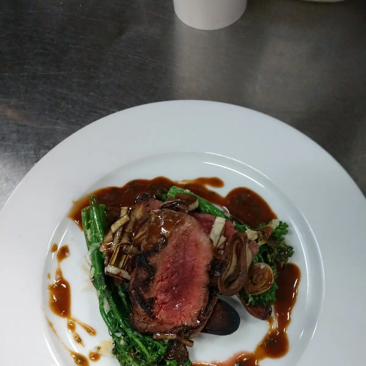 Grilled Flat Iron Steak Broccolini Rosemary Roasted Fingerling Potatoes with a Bordelaise Sauce