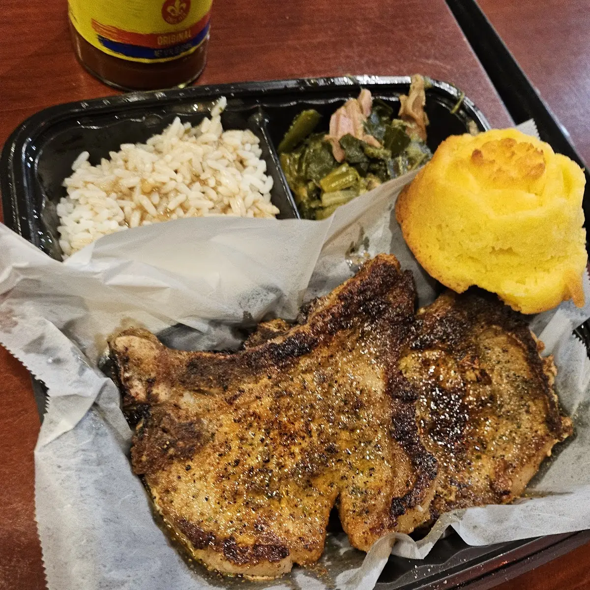 Fried Pork Chop Collard Greens and Rice