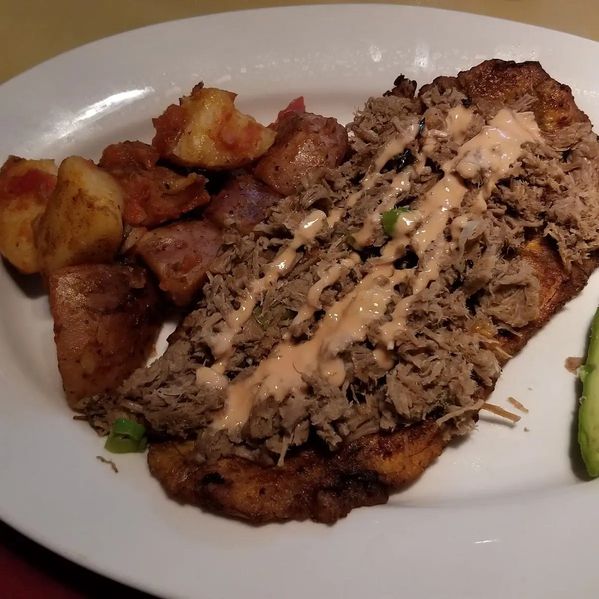 Crushed Plantain with Pulled Beef Columbian Potatos and Avocado