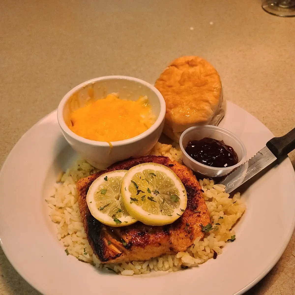 Blackened Salmon Seasoned Rice and Sweet Bacon Jam