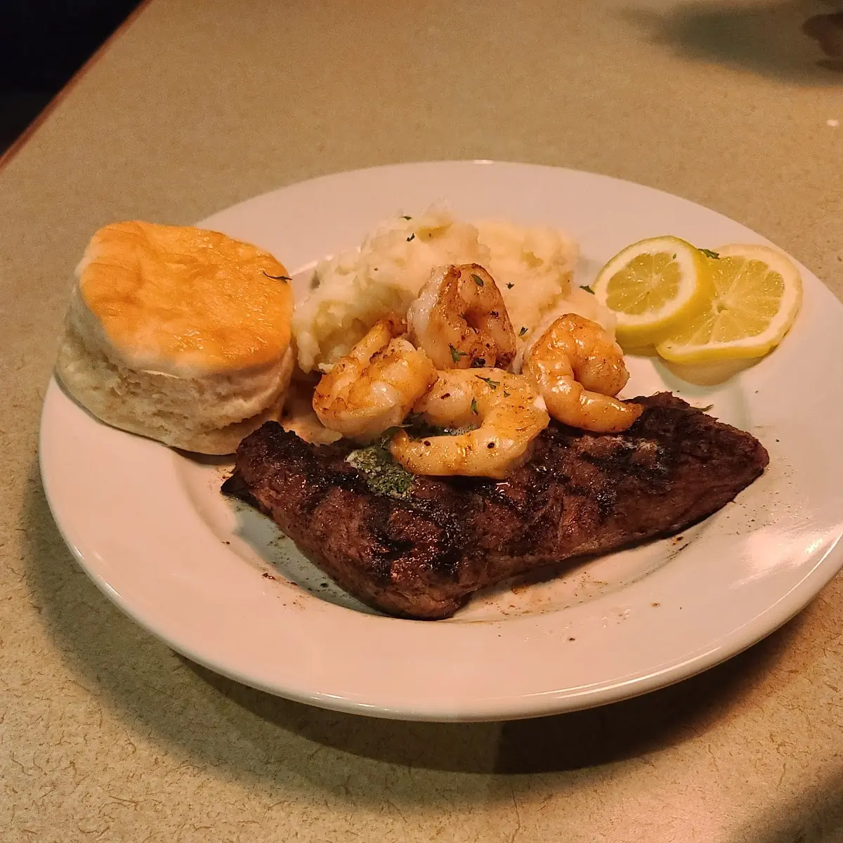 Grilled Steak and Shrimps and Red Potatoes
