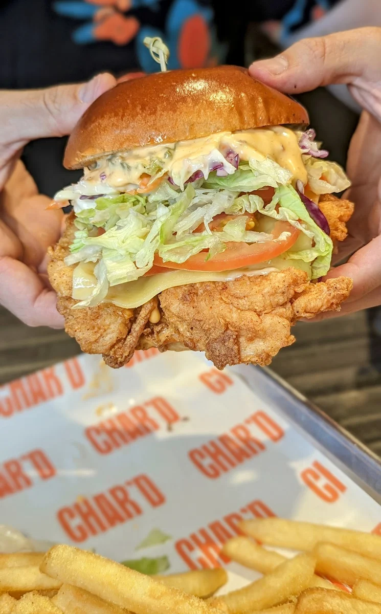 Crispy Chicken Burger, Char'd Chicken St Clair
