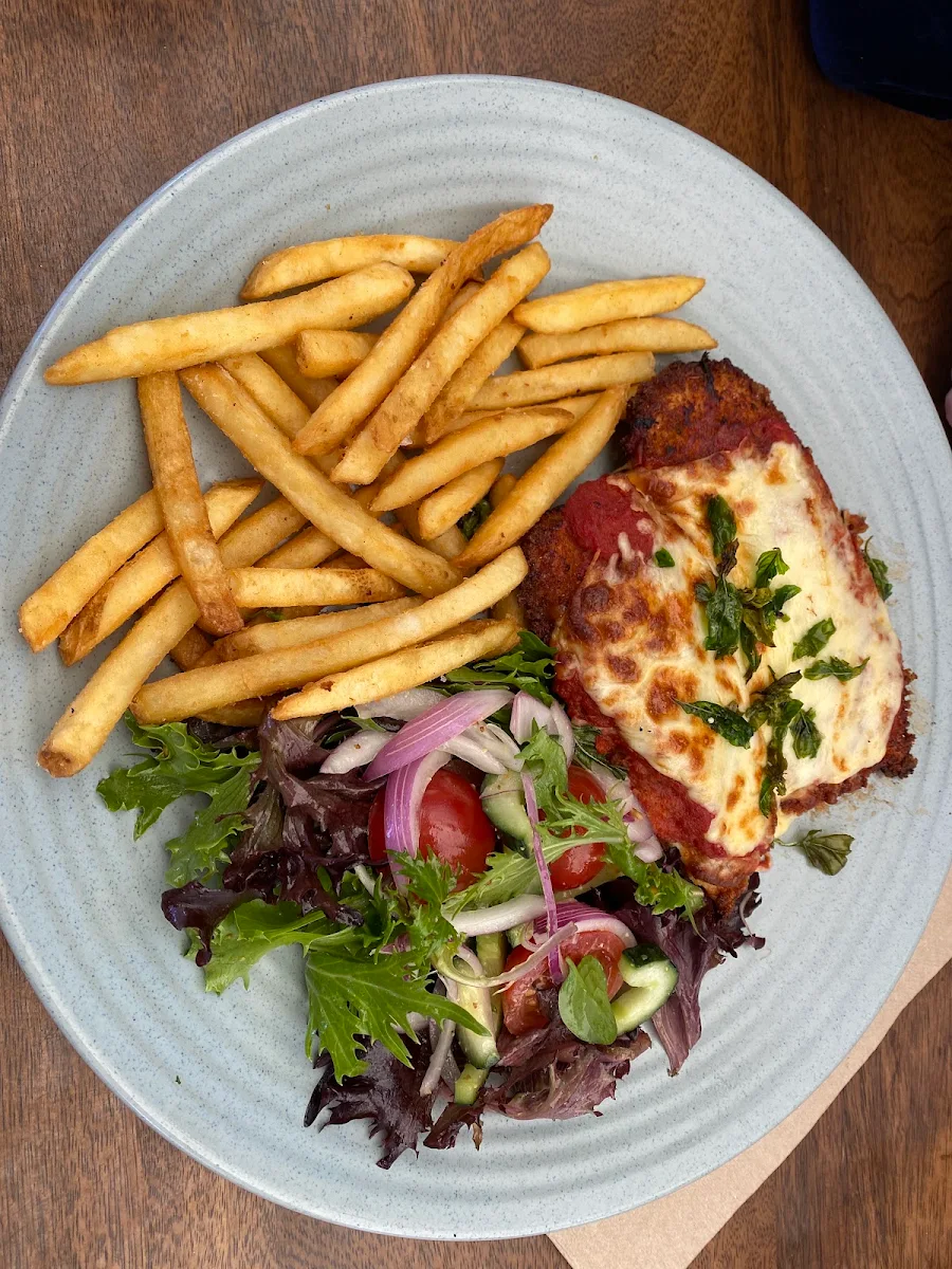Halloumi Chicken Parma, Woodfired Mediterranean Grill & Cafe