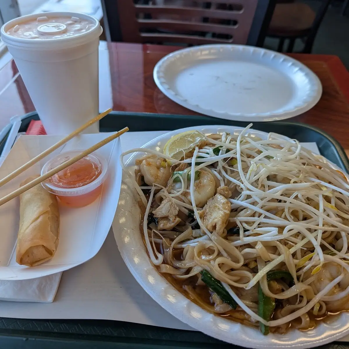 Drunken Noodles with Shrimp and Chicken Spring Roll